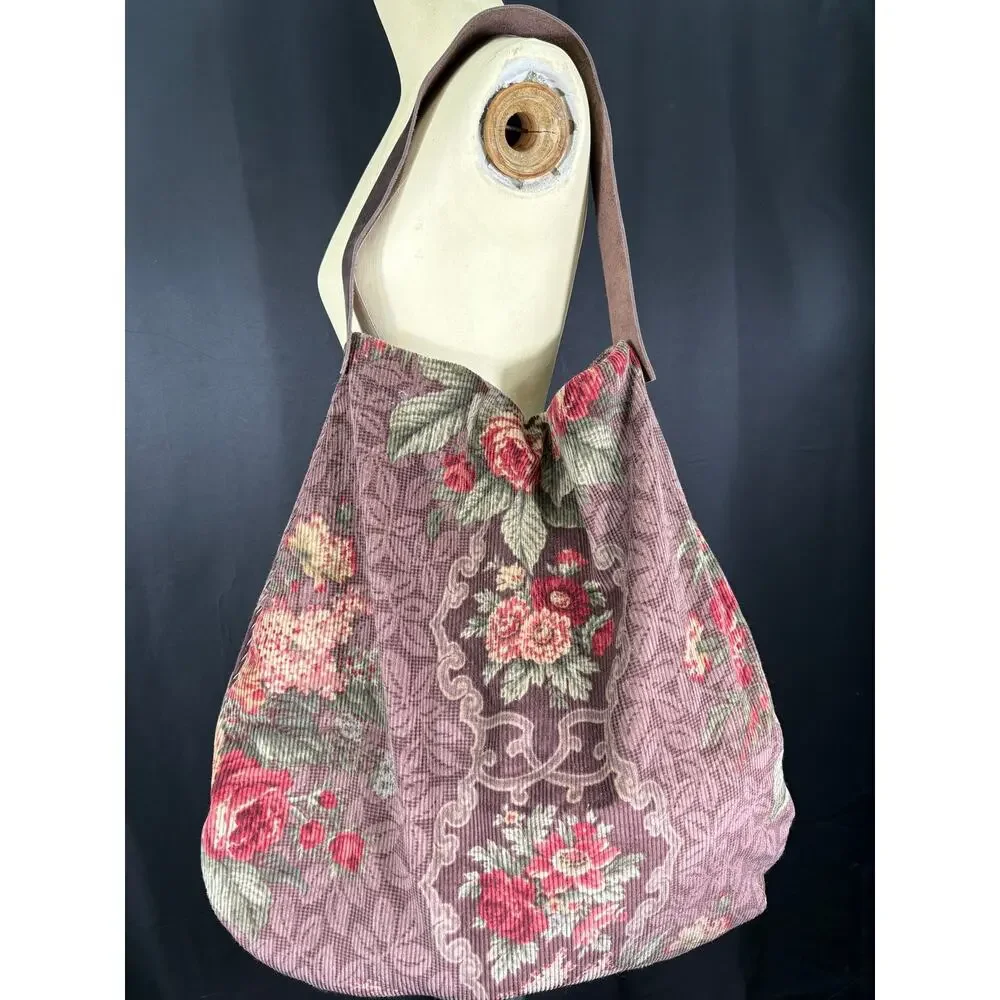 Handcrafted Large Hobo Bag Created with Vintage Fabric Corduroy Tapestry Print